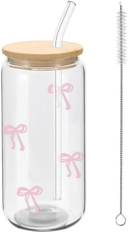 Cosmeria Glass with Lid and Straw, Charming Pink Bow Glass Cup Set with Gift Box, Ideal for Iced Coffee and Beverages, 16 Oz Capacity