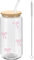 Cosmeria Gobelet en Verre avec Couvercle et Paille, Ensemble Verre à Nœud Rose avec Coffret pour Café Glacé et Boissons, 16 Oz Capacité