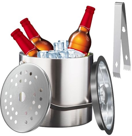 Eiskübel mit Deckel, 2L Eiseimer Eiswürfelbehälter mit Deckel und Zange aus Edelstahl, Eiswürfel Aufbewahrung Doppelwandig für Party Bier, Cocktailbars, Champagner, Obst zum Kühlen von Getränken