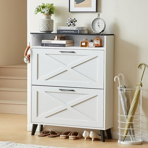 LELELINKY Schuhschrank mit 2 Klapp-Schubladen – Landhaus weiß Schuhorganizer für Flur – Schmaler Schuhregal mit Beinen & offen Fächern – Freistehender Schuhschrank für Diele, Flur,80x24x113cm