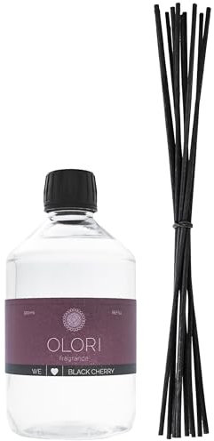 Luxus Raumduft Black Cherry Nachfüller inkl. 10 Rattan-Stäbchen mit ätherischen Ölen - Extra langanhaltende Formel - Nachfüllflasche im Set mit Duftstäbchen (500ml, Duft: fruchtig, frisch)