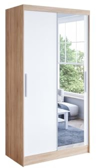 CVERTHAF Armoire à Portes coulissantes Blanche Sonoma avec Miroir 100 cm x 200 cm x 58 cm Meuble de Chambre Moderne Meuble de Rangement Polyvalent pour Ranger vêtements et Accessoires