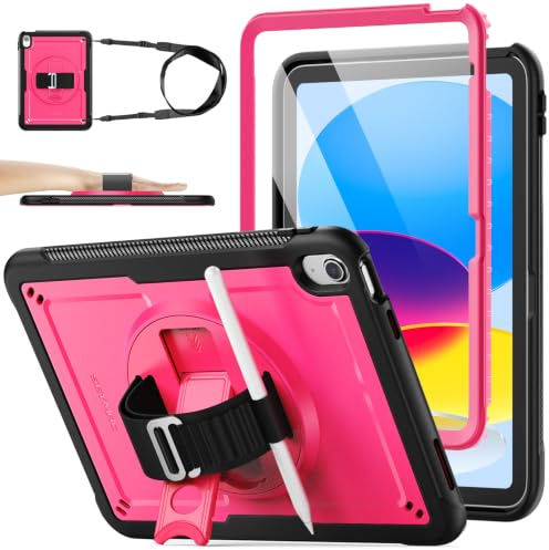 SEYMAC stock Coque pour iPad (A16) 11ème/10ème Génération 11''/10,9'' 2025/2022, Antidérapant Givré/Antichoc, avec [Support/Dragonne Rotatif à 360°] Protecteur D'écran & Porte-Stylet, Rosa/Noir