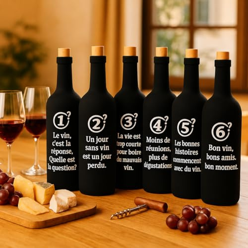 Set de 6 housses dégustation vin à l'aveugle – chaussettes en néoprène noir opaques numérotées 1 à 6 avec citations humoristiques – accessoires œnologie, blind tasting, cadeau vin original
