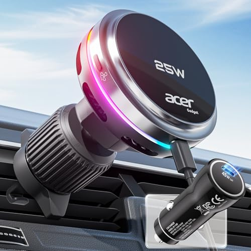 acer Chargeur de voiture Mag-Safe rapide 25 W, chargeur de voiture sans fil avec ventilateur de refroidissement et panneau en métal, chargeur de téléphone de voiture avec adaptateur, rotation à 360 °