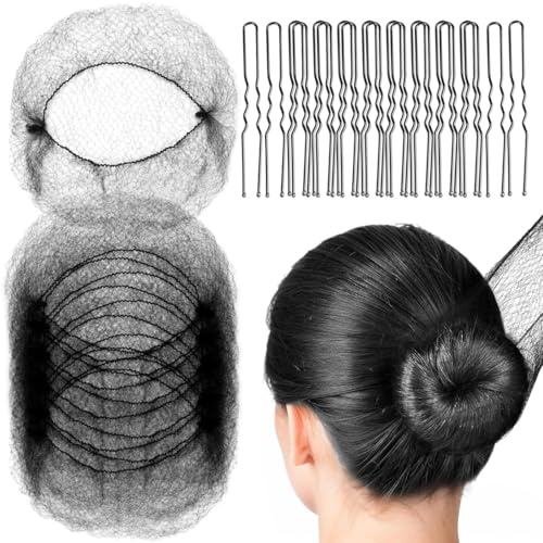 Redecillas Invisibles, 20 Redecilla Moño Niña con 40 piezas Horquillas Pelo,Mallas Elástica,para Hacer Bollo de Pelo, Bailarina de Ballet(Negro)