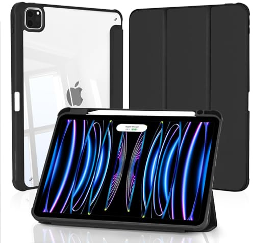 4UBonLife Coque pour iPad Pro 11 Pouces 2022/2021/2020/2018 avec Porte-Stylet, Housse de Protection Dos Transparente Claire Rigide, Étui Tablette Antichoc Mince, Noir