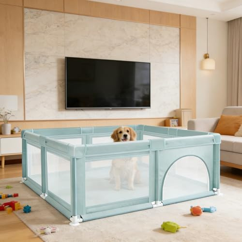 Faltbare Kinder Laufgitter & -ställe,Baby Laufstall, Babyzaun Absperrgitter mit Atmungsaktivem Netz, Mobile Krabbeln Playpens, Sicherheits Bällebad für Kinder Baby-120 x 120 x 66 cm – Dunkelgrün