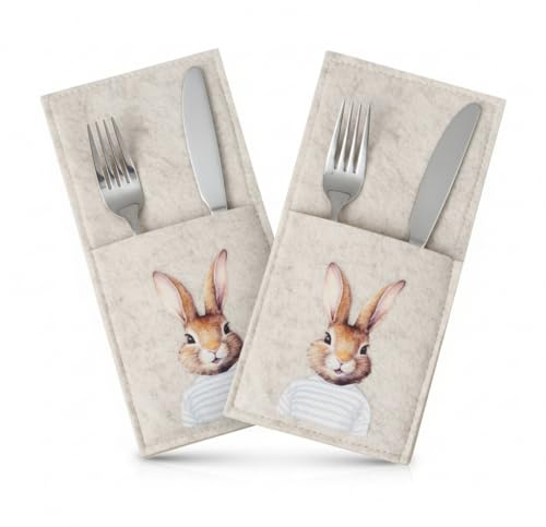 BOLTZE 2er Set Bestecktasche Jonas handgefertigt, Osterhase für Ostertisch, Tischdeko, Besteckhalter Platzset beige