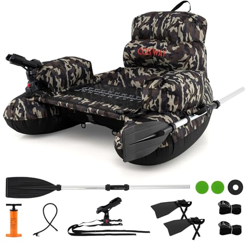 COSTWAY Inflatable Fishing Float Tube, Fishing Boat with Pump, Adjustable Straps, Paddle, Pockets, Fish Ruler, Rod Holder & Flippers, 150kg Capacity Adult Belly Boat