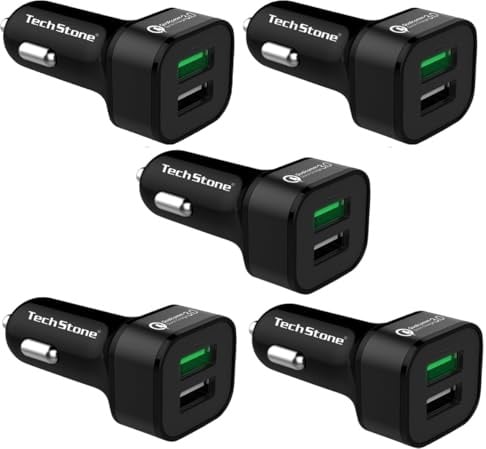 TechStone Car Charger Dual USB Quick Charge 3.0 Fast Charging Adapter Mini Phone Cigarette Lighter 12v Socket for iPhone XS/XR/Max/7/8/Plus, iPad Air 2/Pro/Mini, Galaxy, LG, HTC (Pack of 5)