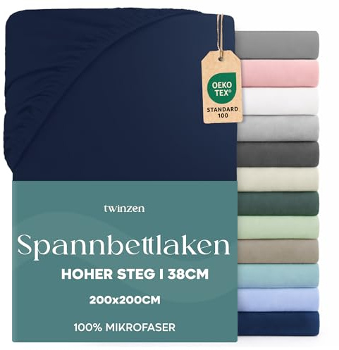 Twinzen - Spannbettlaken 200x200 cm - 100% Mikrofaser - Steghöhe 35cm | Dunkelblau · Ultraweich · OEKO-TEX Zertifiziert · Bettwäsche 2 Personen · Für hohe Matratzen · Atmungsaktiv · Pflegeleicht