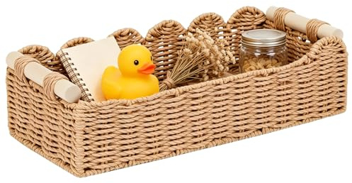 Aufbewahrungskorb Geflochten, Körbe Geflochten mit Holz Griffen Flechtkorb Rattan Korb Geflochten Toilettenpapier Aufbewahrung Korb für Küche Bad Küche Büro (Braun)