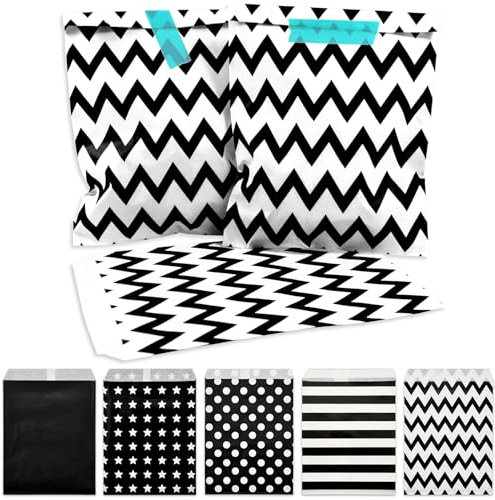 Frau WUNDERVoll® 100 Papiertüten schwarz weiße Zacken, 13 x 16,5 cm, 45 Gramm Papier, flach/Candy Bar, Hochzeit, Kindergeburtstag, Papiertütchen, Candybag, Tüten, Mitgebseltüten