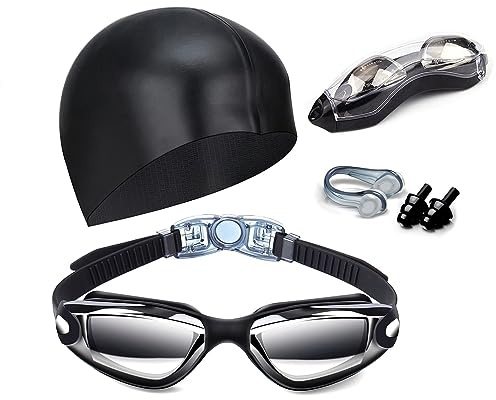 Hurdilen Swim Goggles Swimming Goggles No Leaking with Nose Clip, Earplugs, Swim Cap and Case for Men Women