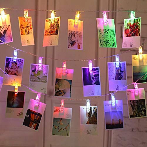 cuzile Clip cadena de luces LED - 20 Fotoclips 3M plana Betri batería Bildleuchten LED para la ración decorativos colgantes de fotos, notas, ilustraciones (Con pilas 20 LED multicolor)