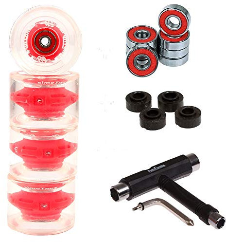 FunTomia 4 Stück (LED) Longboard/Skateboard Rollen (Big Wheels) in 70x51mm 80A inkl. ABEC-9 Kugellager und Metall Spacer 80A Rollenhärte + T-Tool