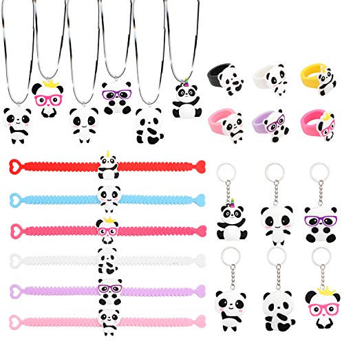 HOWAF 24 Pcs Kindergeburtstag Mitgebsel Set Panda Armbänder Halskette Schlüsselanhänger Ringe für Junge Mädchen Deko Kindergeburtstag Mitgebsel Gastgeschenke