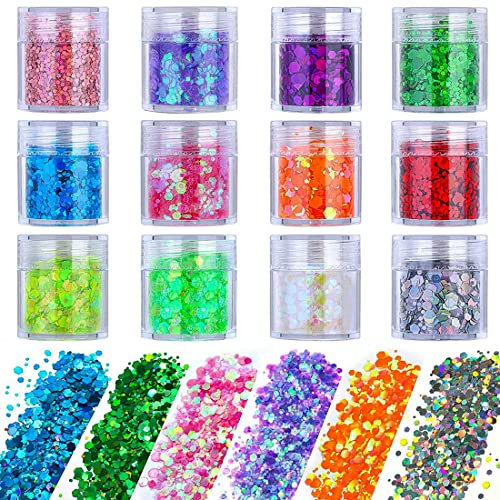 Bosdontek 12 Boxen Glitzer für Nagel Gesicht Körper mit Pinsel, Make-Up Pailletten Glitter für Nägel Art Augen Lippen Haare Körper Dekoration, Halloween Weihnachten Festival Masquerade Make-Up Zubehör