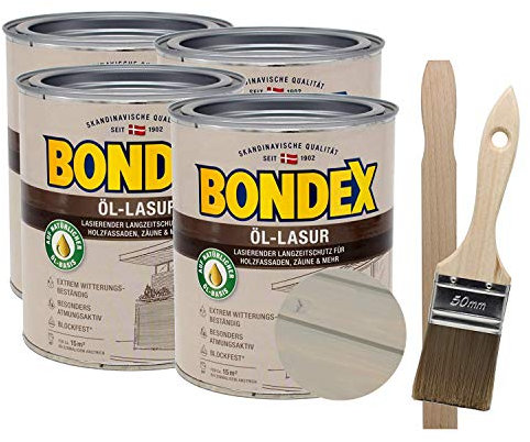 Bondex Öllasur 4 x 0,75 l premium Holzlasur aus natürlichen Ölen inkl. Pinsel und Rührholz der Langzeitschutz für Holz im Aussenbereich (steingrau)