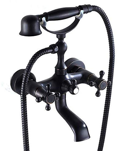 SHUGUANG Robinet de Baignoire Mural à Cascade avec Douche à Main Rétro Robinets de Douche en Laiton 2 Poignées Forme de Téléphone Mitigeur Baignoire pour Salle de Bain, Bronze Huilé
