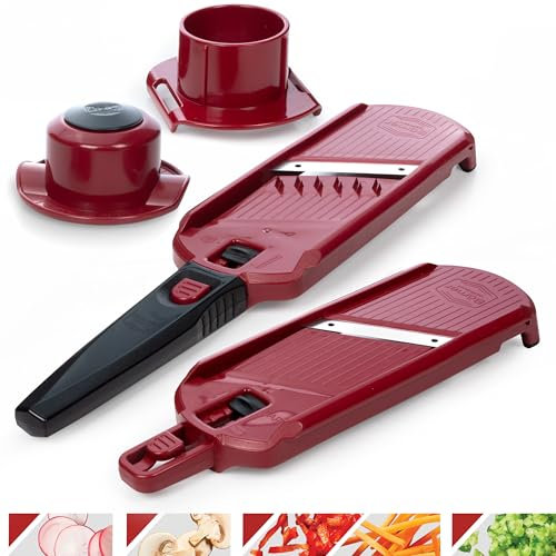 Börner Multi Dicer + Multi Slicer (Set 4-en-1) • Set de Coupe-légumes avec 5 Styles de Coupe • Pour Dés, Juliennes & Tranches en Différentes Épaisseurs • Mandolines (Rouge)