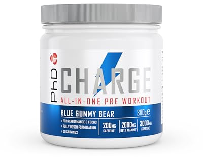 PhD Nutrition Charge Pre-Workout Pulver 300g Blaue Gummibärchen - ZuckerfrEIERPre Workout Booster für verbesserte körperliche und mentale Leistung, Enthält Koffein, BCAAs & Kreatin