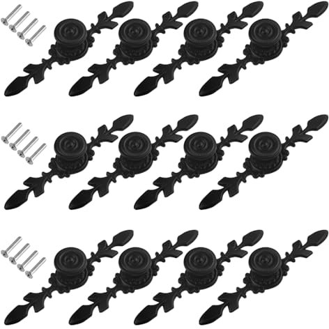 WMYCONGCONG 12Pcs 4.72 Kitchen Cabinet Drawer Knobs Vintage Black Drawer Pulls Door Knobs with Plate Antique Dresser Handles for Furniture Closet Wardrobe Furniture Door, Floral Pattern Black