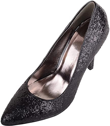 Womens Slip On High Heeled Pointed Toe Spakly Glitter Stiletto Court Shoes - Black - UK 6 / EU 39