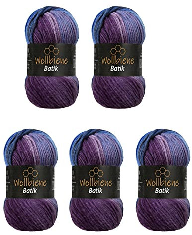 5 x 100g Wollbiene Batik 500 Gramm Wolle mit Farbverlauf mehrfarbig Multicolor Strickwolle Häkelwolle (5900 lila beere blau)