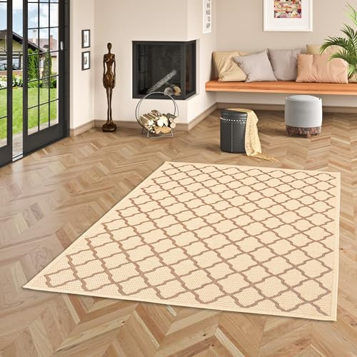 In & Outdoor Flachgewebe Sisaloptik Natur, Terrasse und Balkon, Marokkanisches Muster Teppich Valencia Beige Braun Modern in 5 Größen