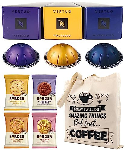 Nespresso Vertuo Coffee Capsules - Altissio, Diavolitto, Voltesso - 3 Boxes (30 Pods) Bundled with Border Biscuits Selection & Giftable Tote Bag