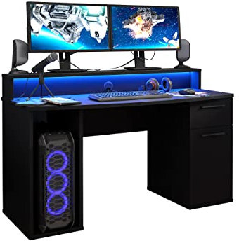 Mirjan24 Schreibtisch Antyd mit Schublade, Beleuchtung LED RGB mit Fernbedienung, Computertisch Kinderschreibtisch Arbeitstisch PC-Tisch Jugendzimmer Kinderzimmer, Schülerschreibtisch (schwarz matt)