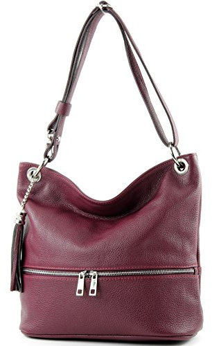 modamoda de - T143 - ital. Leder Schultertasche Umhängetasche, Farbe:Bordeauxviolett
