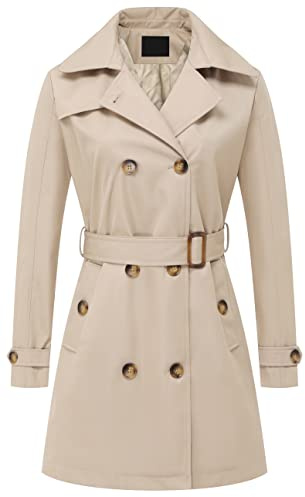 Chrisuno Damen Zweireihiger Trenchcoat Mittellang Tailliert Übermantel Lange Kleiderjacke mit abnehmbarer Kapuze, L