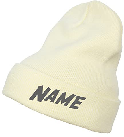 Schnoschi Creme Strickmütze mit breitem Umschlag (Beanie Mütze) mit Namen Bestickt für Herren, Damen, Jugendliche und Kinder