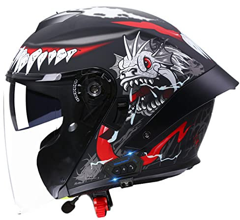DXDRT Open Face Bluetooth Helme 3/4 Retro Vintage Scooter Motorrad Jethelm, Vintage Motorradhelm DOT ECE-Geprüft Mit Kratzfestem Visier Für Männer Frauen Erwachsene,Venom a,XL