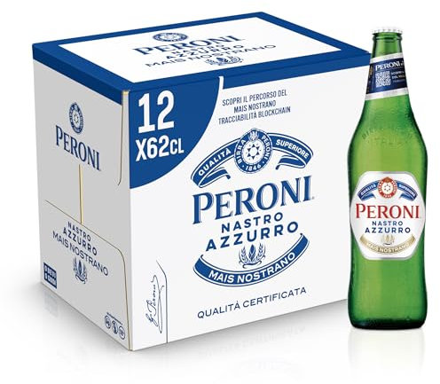 Peroni Nastro Azzurro Cassa con 12 Bottiglie di Birra Premium Lager da 62 cl, A Bassa Fermentazione, Gusto Rinfrescante e Rigenerante, Gradazione Alcolica 5% Vol