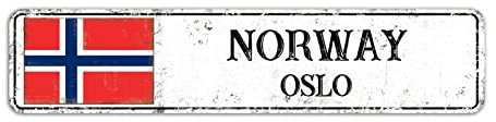 Norwegen Straßenschild Oslo Stadtschild Norwegen Flagge Schild Vintage Land Hauptstadt Stadt Souvenir für Landstraße Wanddekoration 10 x 45 cm