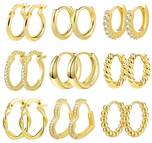 ALEXCRAFT Gold Ohrringe Set, 9 Paar 14k Echt Vergoldete Creolen Kleine für Damen, Multipack Creolen mit AAA+ Zirkonia Twist Herz Hypoallergen Piercing Knorpel für Mehrere Ohrlöcher