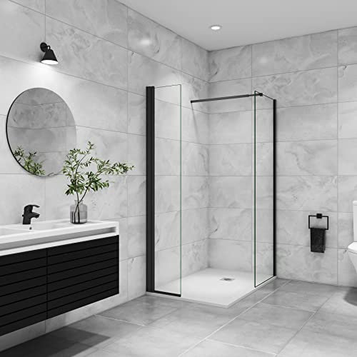 AICA paroi de douche à l'italienne 50x200cm avec barre de fixation 73-120cm en carré, paroi de douche pivotante 45x200cm, verre 8mm securit anticalcaire, profil Noir mat