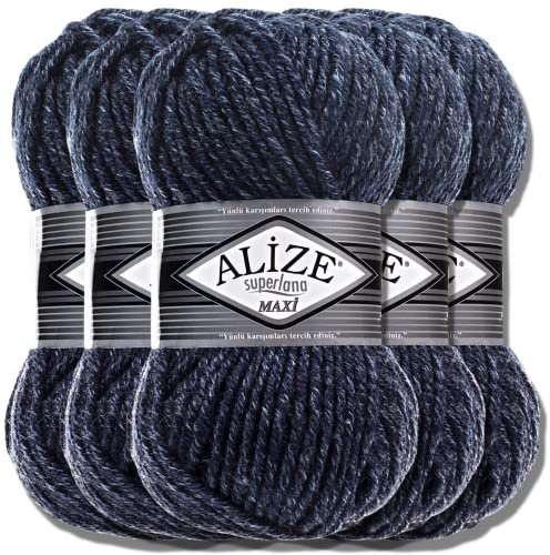 Alize 5x 100g Superlana Maxi Türkische Premium Wolle Baumwolle und Acryl Uni Handstrickgarne | Yarn | Garn | Strickgarn Einfarbig Baby zum Häkeln Stricken Kleidung Schals (Jaspe Navy | 805)