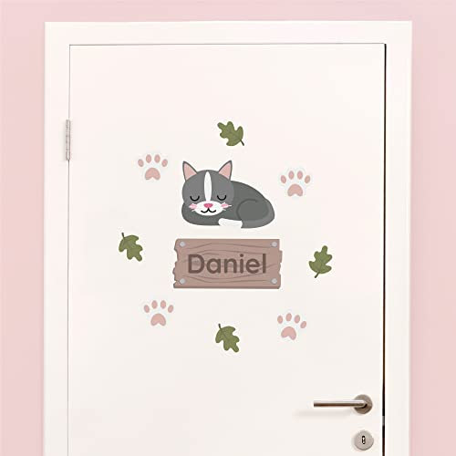Klebekerlchen® Türaufkleber personalisiert mit Name – Wandtattoo Kinderzimmer & Babyzimmer deko – selbstklebende Wandsticker - Katze