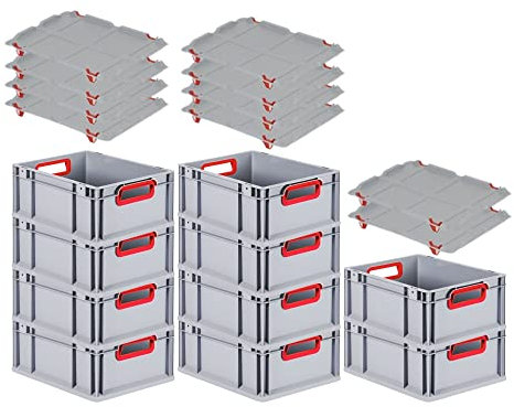 PROREGAL SuperSparSet 10x Eurobox NextGen Color mit Auflagedeckel & Schiebeschnappverschlüsse, HxBxT 17x30x40cm, 16L, Griffe rot offen, Glatter Boden, Eurobehälter Transportbox Transportbehälter