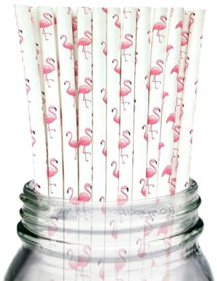 Berto Paper Straws 25pcs, Biodegradable Recyclable Drinking Straws for Wedding | Birthday Party Straws for Cocktail, Holiday, Coffee, Soda, Baby Shower Suppliers. (White with Pink Flamingo)
