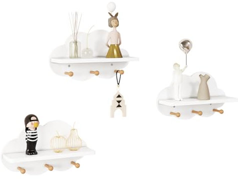 WOLTU 3er Set Wolkenregal, Kinder Garderobenhaken, Wandregal mit Haken, Hängeregal, Schweberegal weiß, schwebendes Regal für Kinderzimmer, Wanddeko, 36x12x20,5 cm