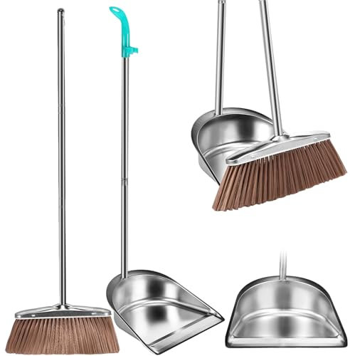 Juego de escoba y recogedor con mango largo, 93 cm, con recogedor giratorio, acero inoxidable, metal, juego de escoba para dormitorio, salón (redondo)