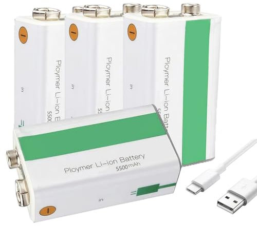WILLQ 5500 mAh 9 V wiederaufladbarer Akku, langlebiger 9-Volt-USB-Lithium-Ionen-Akku mit Ladekabel für Rauchmelder/Tastatur/Alarme/Mikrofon,9v5500mah 4pcs