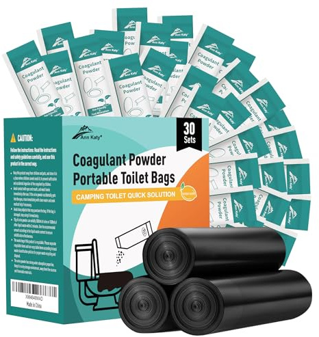 Ann Katy Super saugfähiges Polymer-Gel, tragbares und schnell absorbierendes Camping-Toiletten-Chemikalien-Gel mit 1,8 l Eimer, WC-Gepäck-Kordelzug, Notfall-Toilettenbeutel und Töpfchen-Gel, 30 Stück