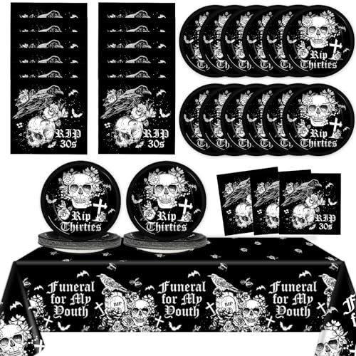 Qyeahkj Death To My 30s 40th Birthday Party Supplies Serves 24 Skull Design Paper Plates Napkins Disposable Black Tablecloth Set